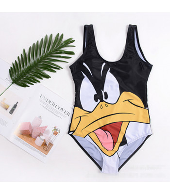 Lycra one-piece swimsuit with cartoon designs - Daffy Duck. Model with cups. Briefs with normal legs. You can also use it as a b