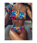 Tropical one-shoulder hight waist bikini