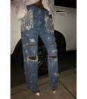 Jeans strass crosss and fringes